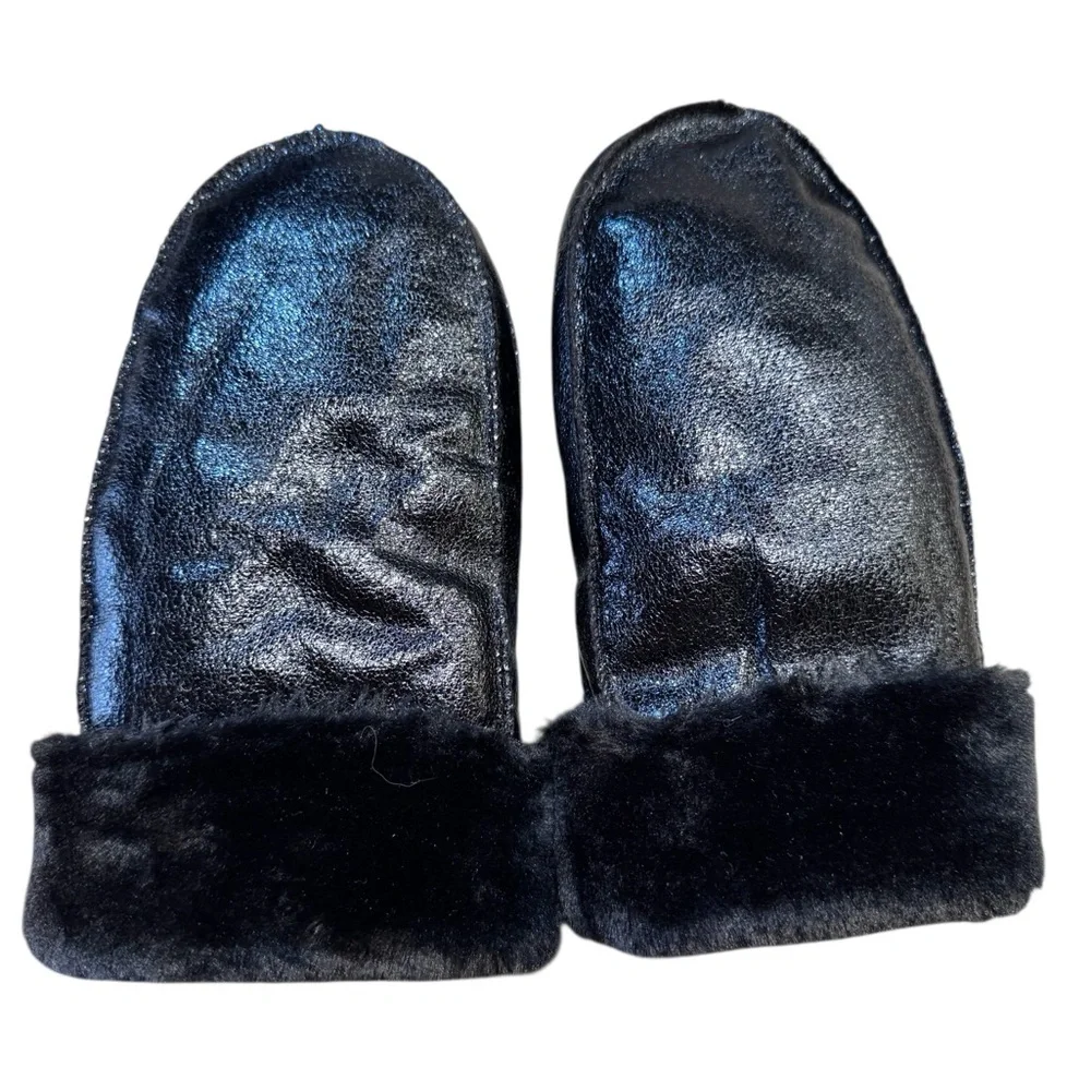 Anthropologie Mittens Shimmering Metallic Black Faux Fur lined exclusive NWOT
